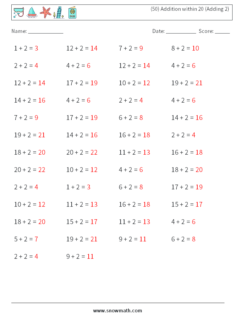 (50) Addition within 20 (Adding 2) Math Worksheets 8 Question, Answer