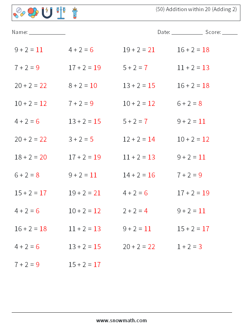 (50) Addition within 20 (Adding 2) Math Worksheets 9 Question, Answer
