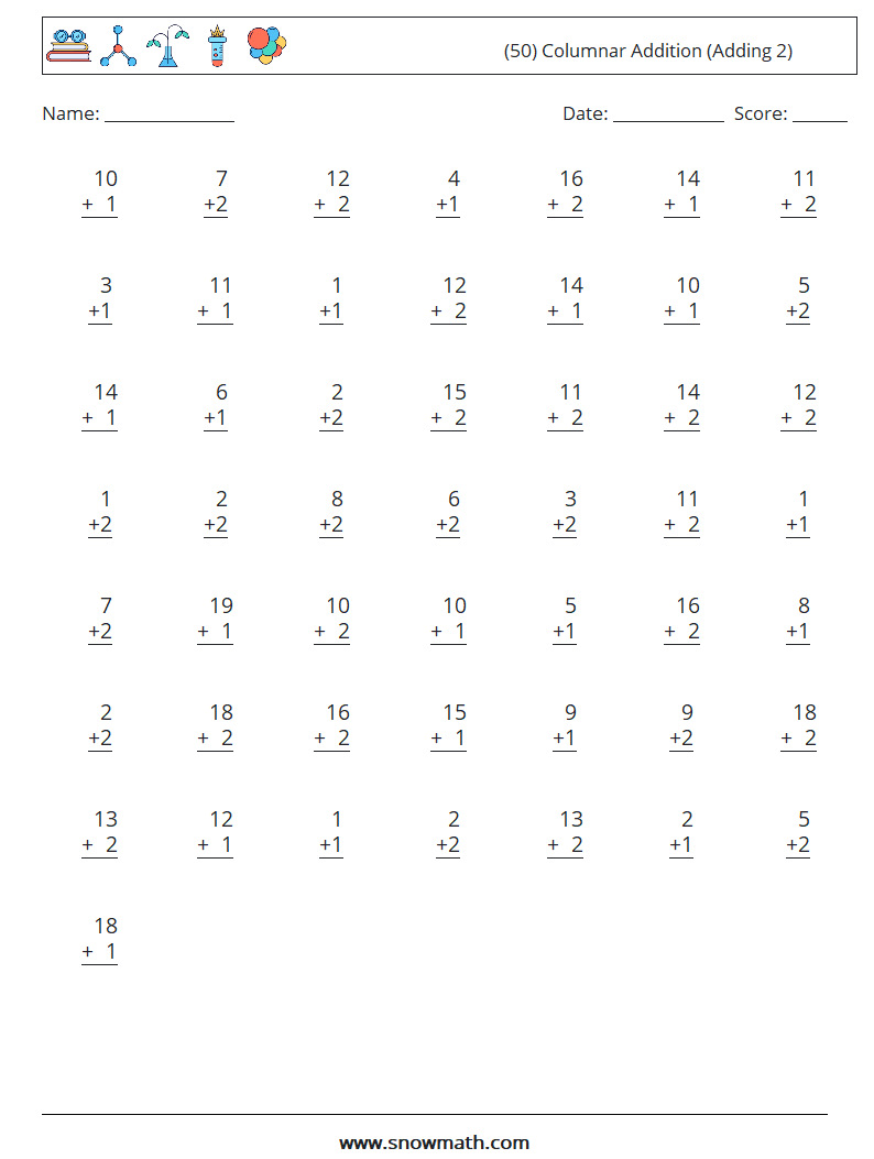 (50) Columnar Addition (Adding 2) Math Worksheets 1