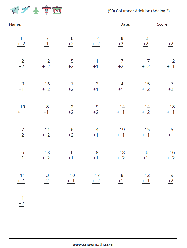 (50) Columnar Addition (Adding 2) Maths Worksheets 10