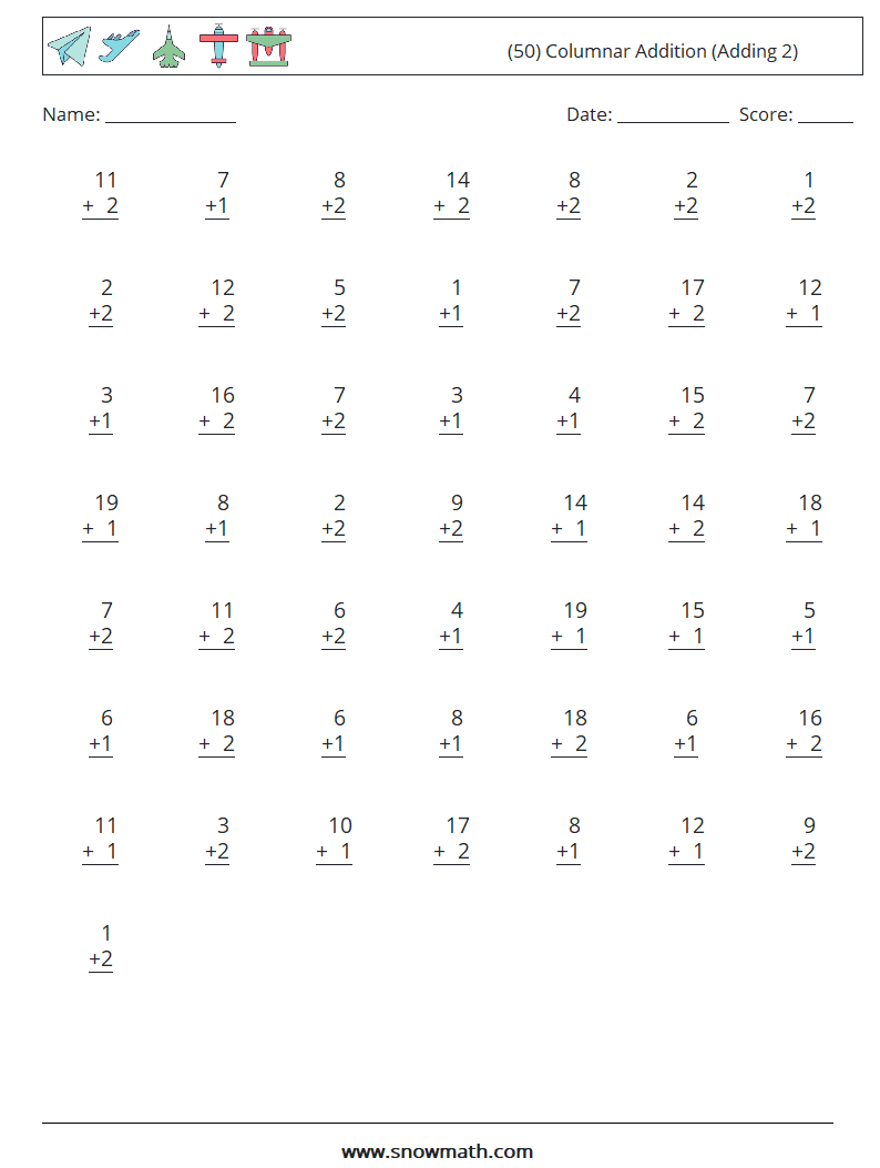 (50) Columnar Addition (Adding 2) Math Worksheets 10