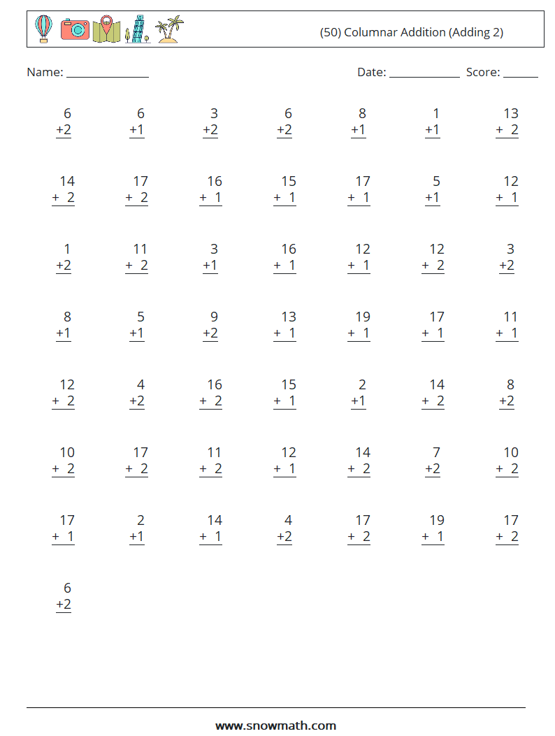 (50) Columnar Addition (Adding 2) Math Worksheets 12