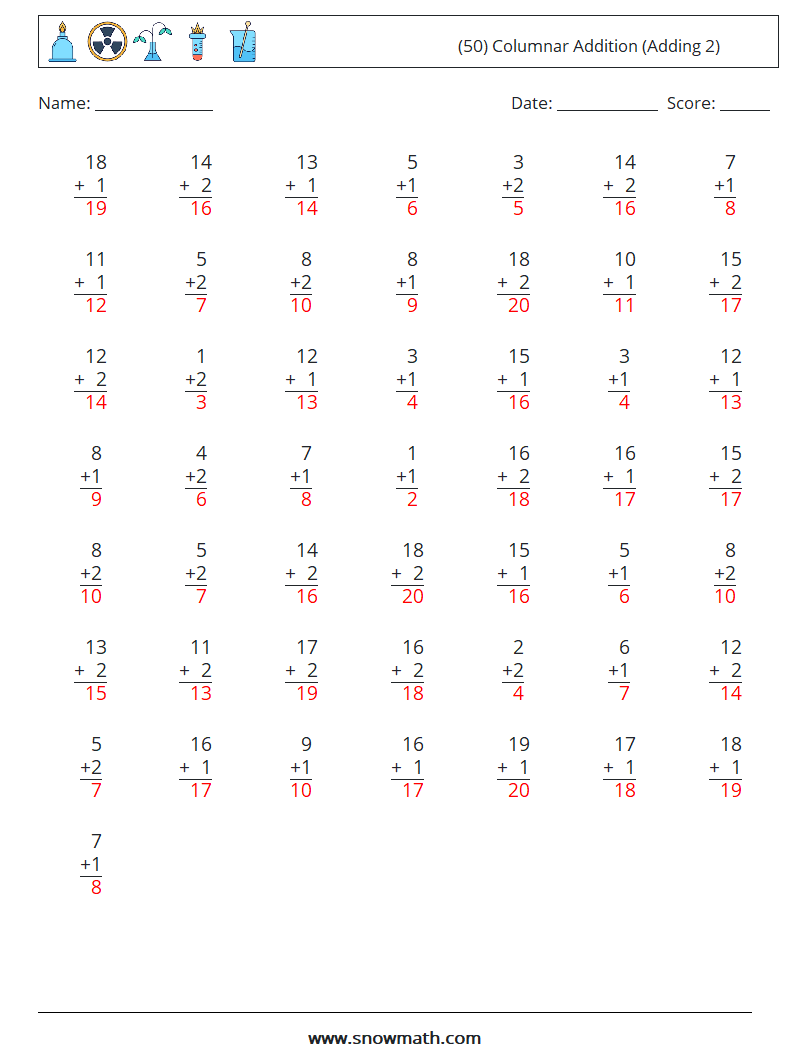 (50) Columnar Addition (Adding 2) Math Worksheets 13 Question, Answer