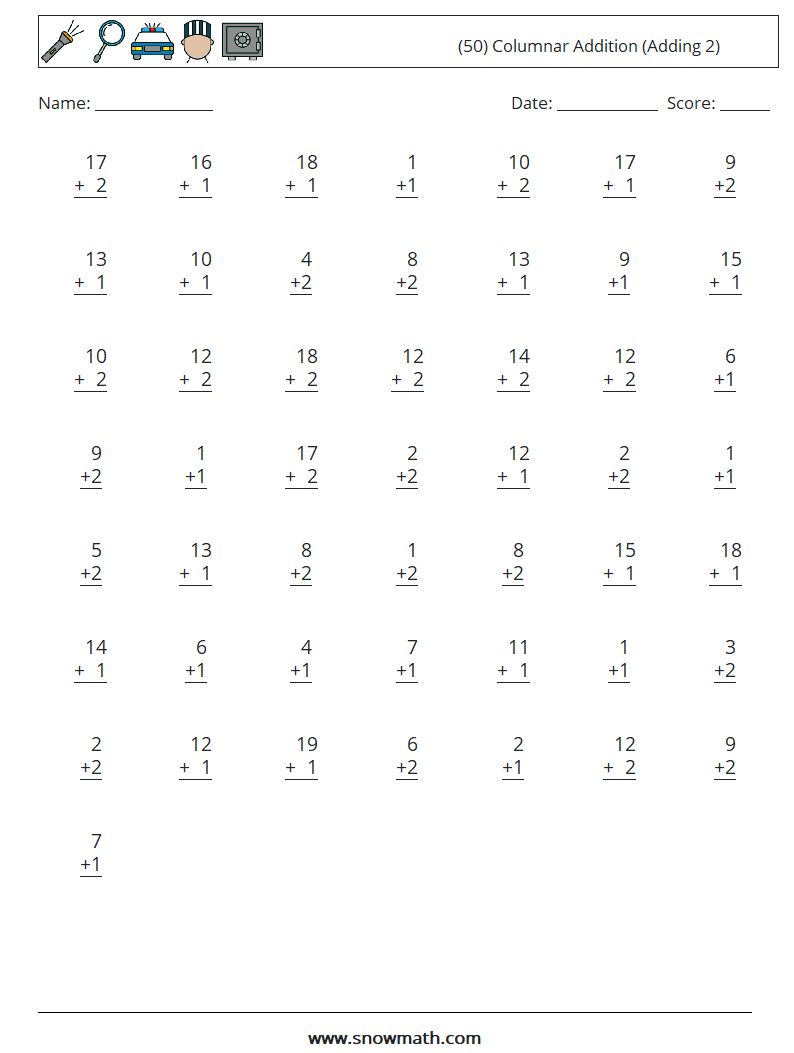 (50) Columnar Addition (Adding 2) Math Worksheets 14