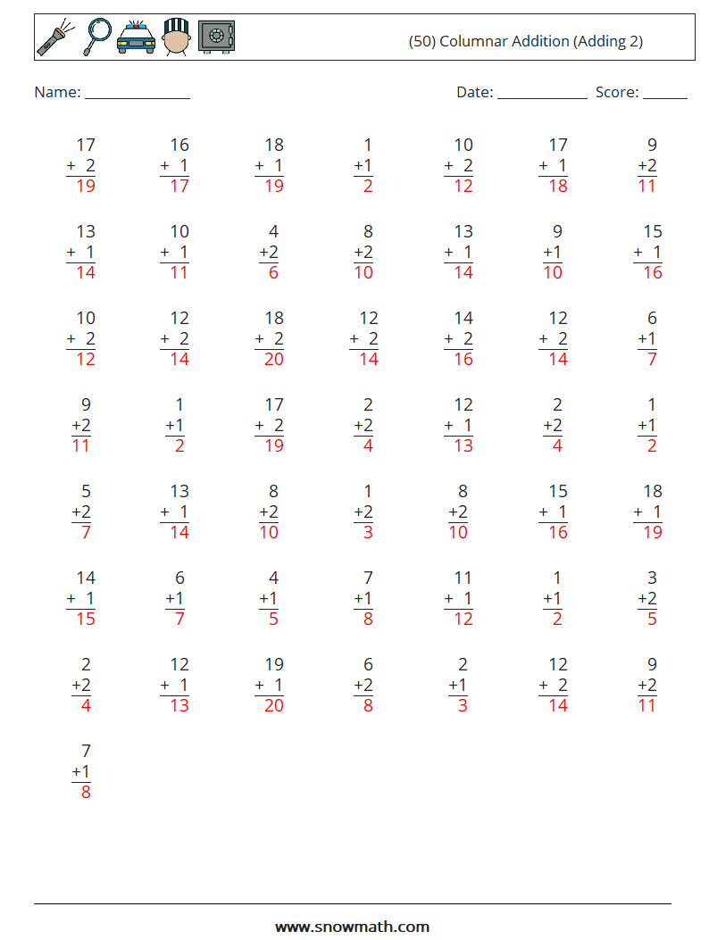 (50) Columnar Addition (Adding 2) Math Worksheets 14 Question, Answer