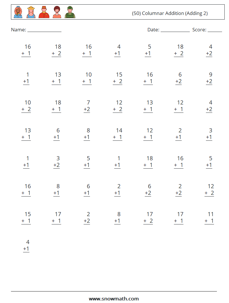 (50) Columnar Addition (Adding 2) Math Worksheets 15