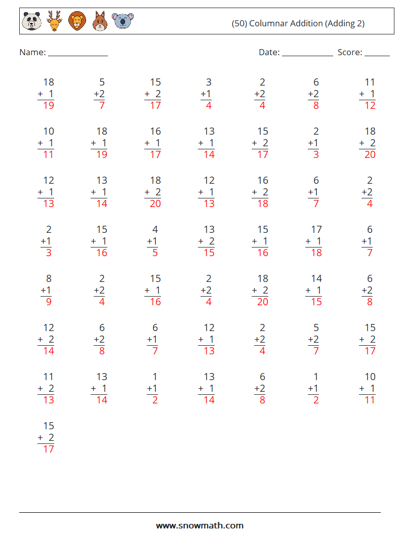 (50) Columnar Addition (Adding 2) Math Worksheets 16 Question, Answer