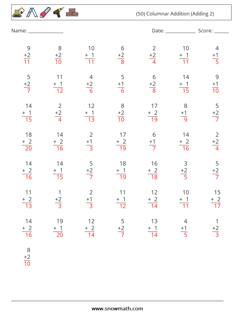 (50) Columnar Addition (Adding 2) Math Worksheets 18 Question, Answer