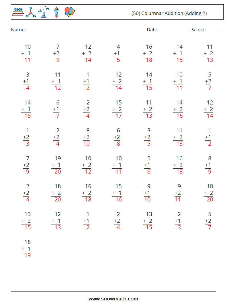 (50) Columnar Addition (Adding 2) Math Worksheets 1 Question, Answer