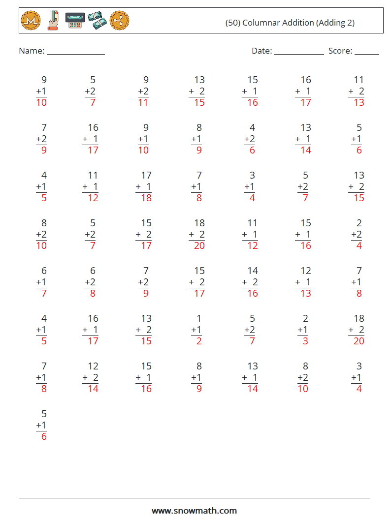 (50) Columnar Addition (Adding 2) Math Worksheets 2 Question, Answer