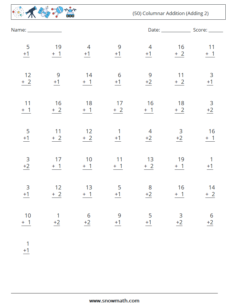 (50) Columnar Addition (Adding 2) Math Worksheets 3