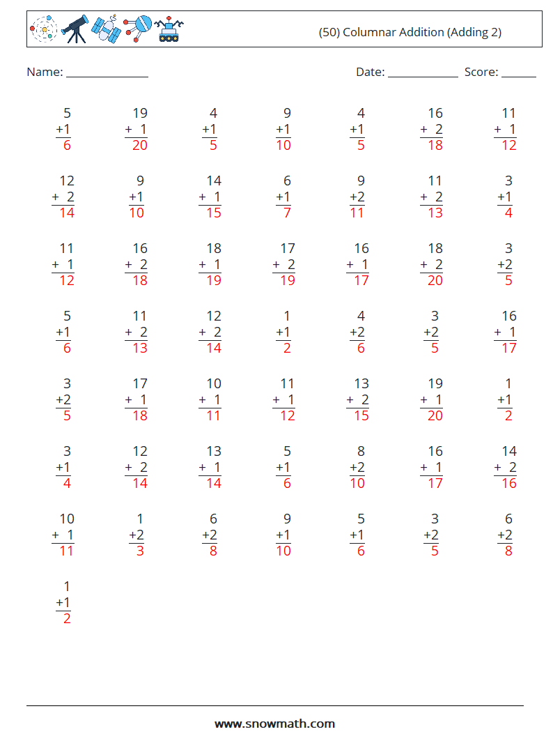 (50) Columnar Addition (Adding 2) Math Worksheets 3 Question, Answer