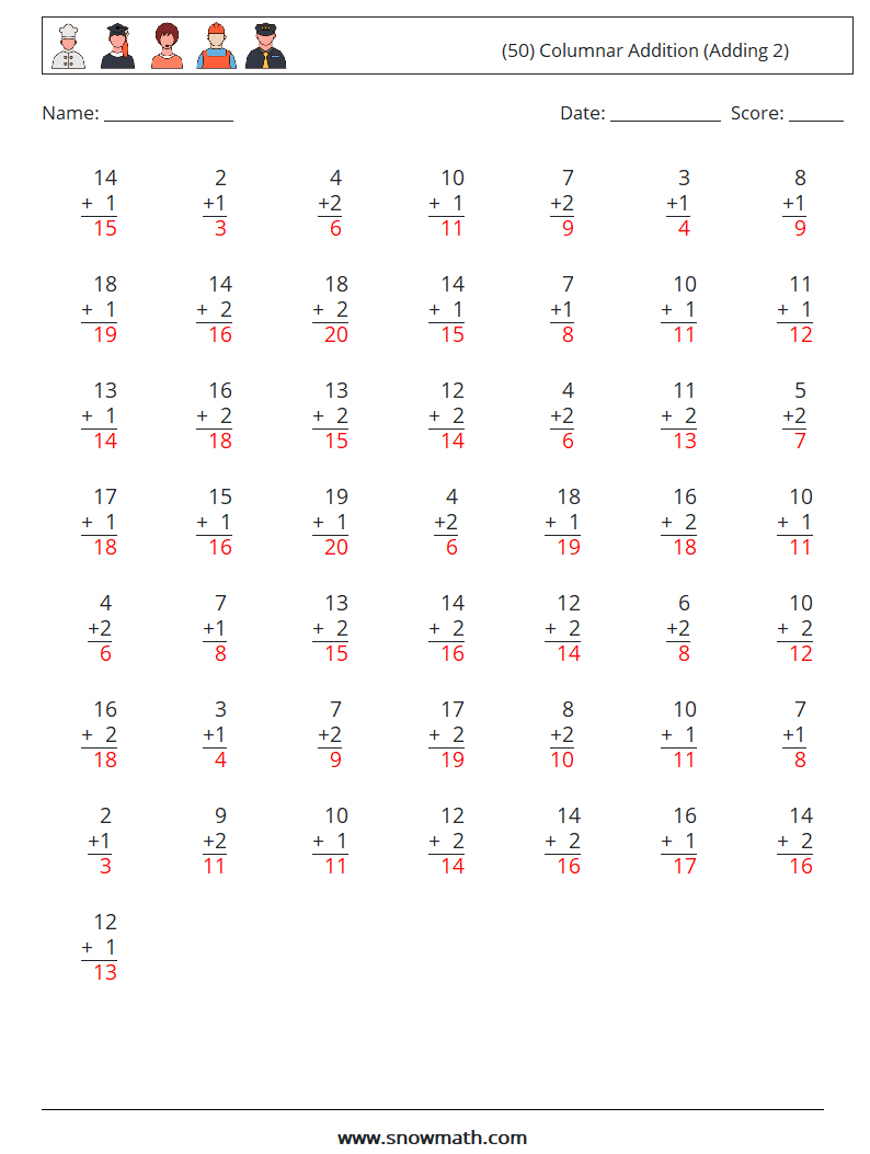 (50) Columnar Addition (Adding 2) Math Worksheets 4 Question, Answer