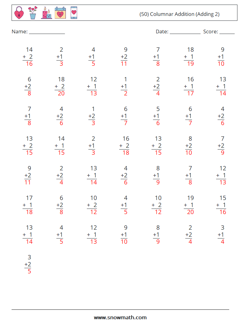 (50) Columnar Addition (Adding 2) Math Worksheets 5 Question, Answer