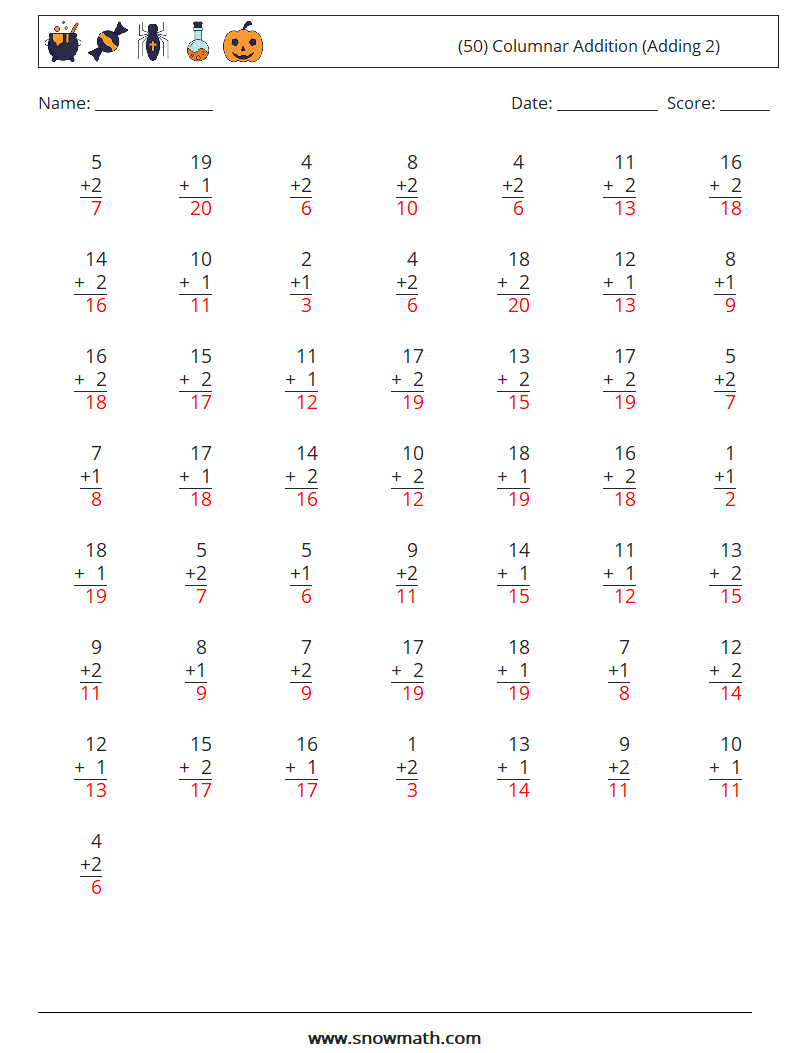 (50) Columnar Addition (Adding 2) Math Worksheets 6 Question, Answer