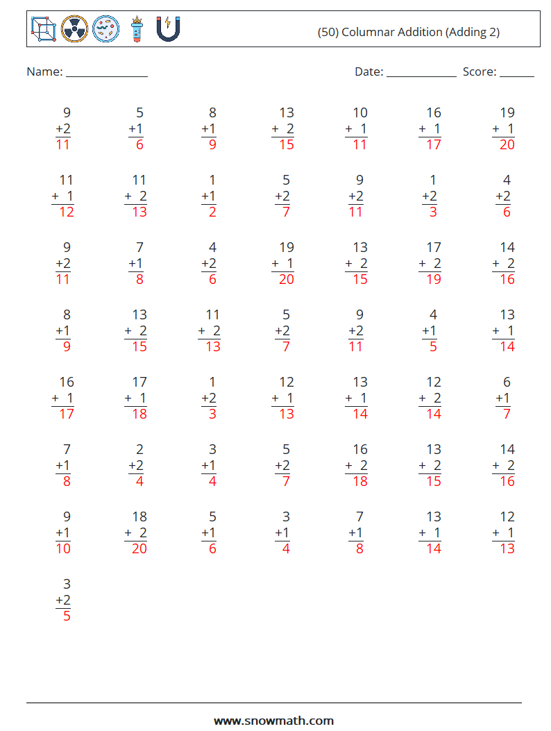 (50) Columnar Addition (Adding 2) Math Worksheets 7 Question, Answer