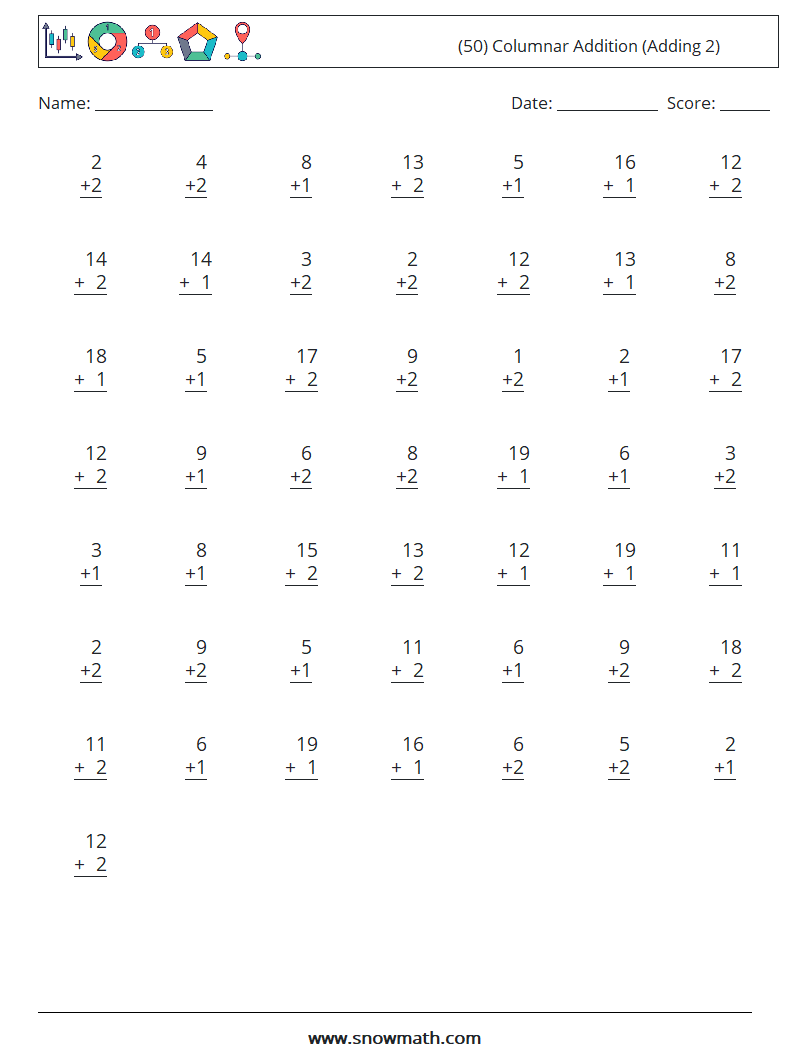 (50) Columnar Addition (Adding 2) Math Worksheets 9
