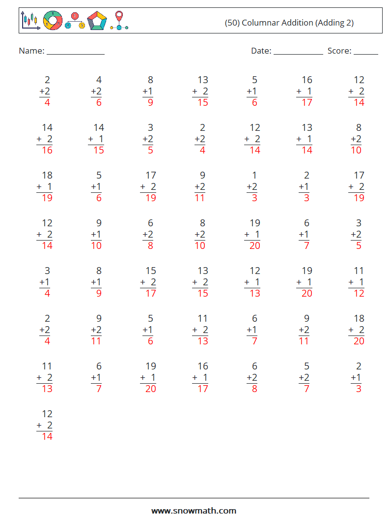 (50) Columnar Addition (Adding 2) Math Worksheets 9 Question, Answer