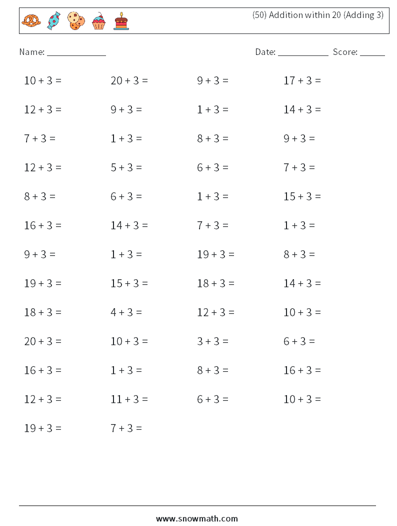 (50) Addition within 20 (Adding 3) Maths Worksheets 1