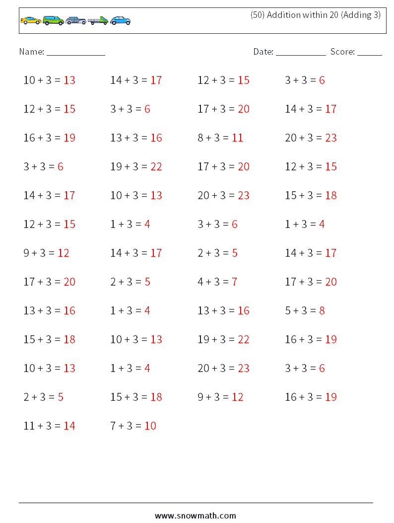 (50) Addition within 20 (Adding 3) Math Worksheets 2 Question, Answer