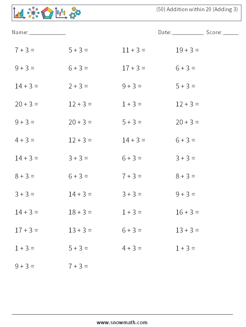 (50) Addition within 20 (Adding 3) Maths Worksheets 3