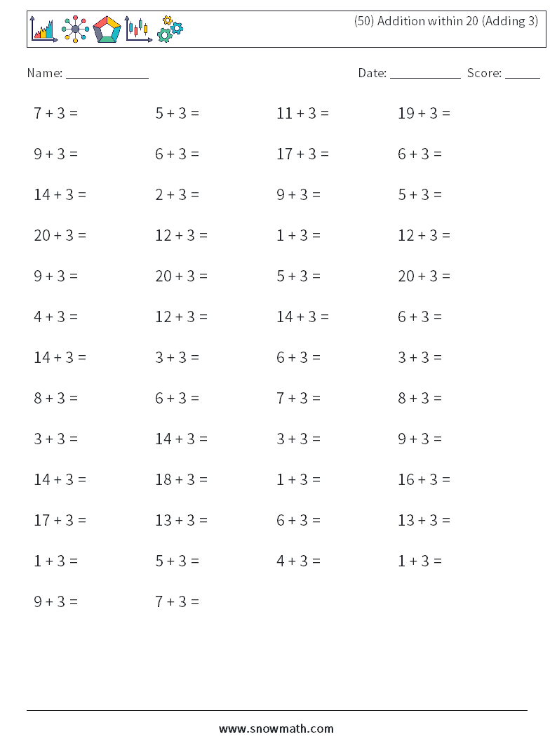 (50) Addition within 20 (Adding 3) Math Worksheets 3