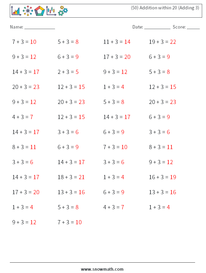 (50) Addition within 20 (Adding 3) Math Worksheets 3 Question, Answer