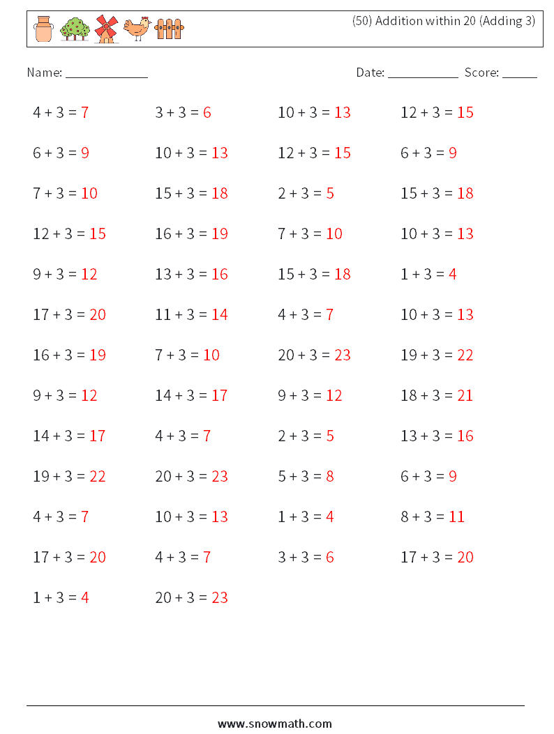 (50) Addition within 20 (Adding 3) Math Worksheets 4 Question, Answer