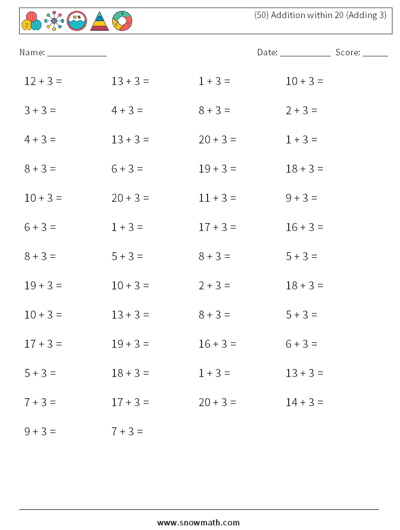 (50) Addition within 20 (Adding 3) Math Worksheets 5