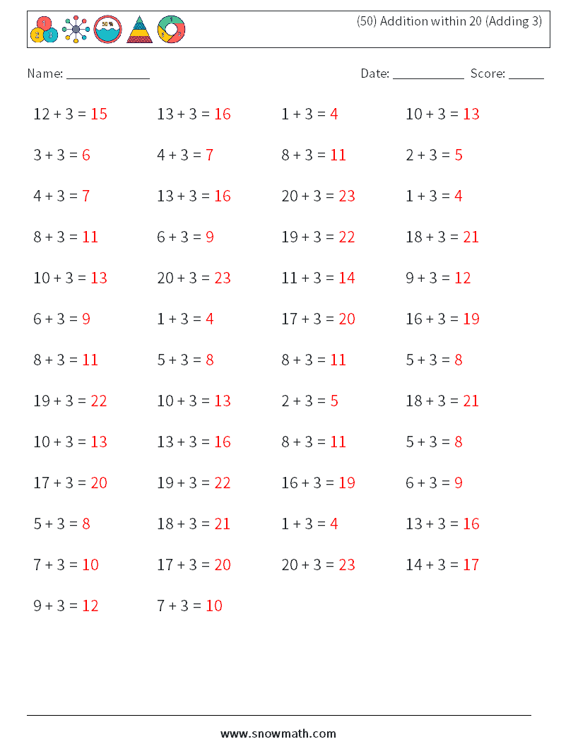 (50) Addition within 20 (Adding 3) Math Worksheets 5 Question, Answer