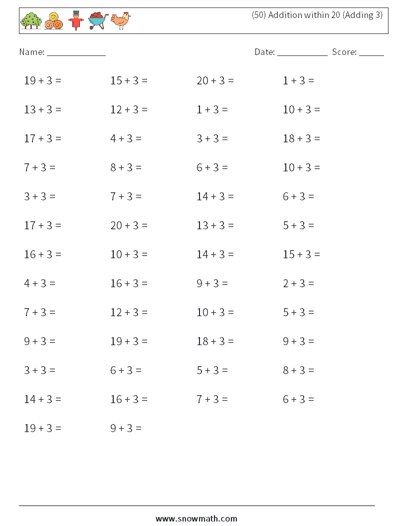 (50) Addition within 20 (Adding 3) Math Worksheets 6