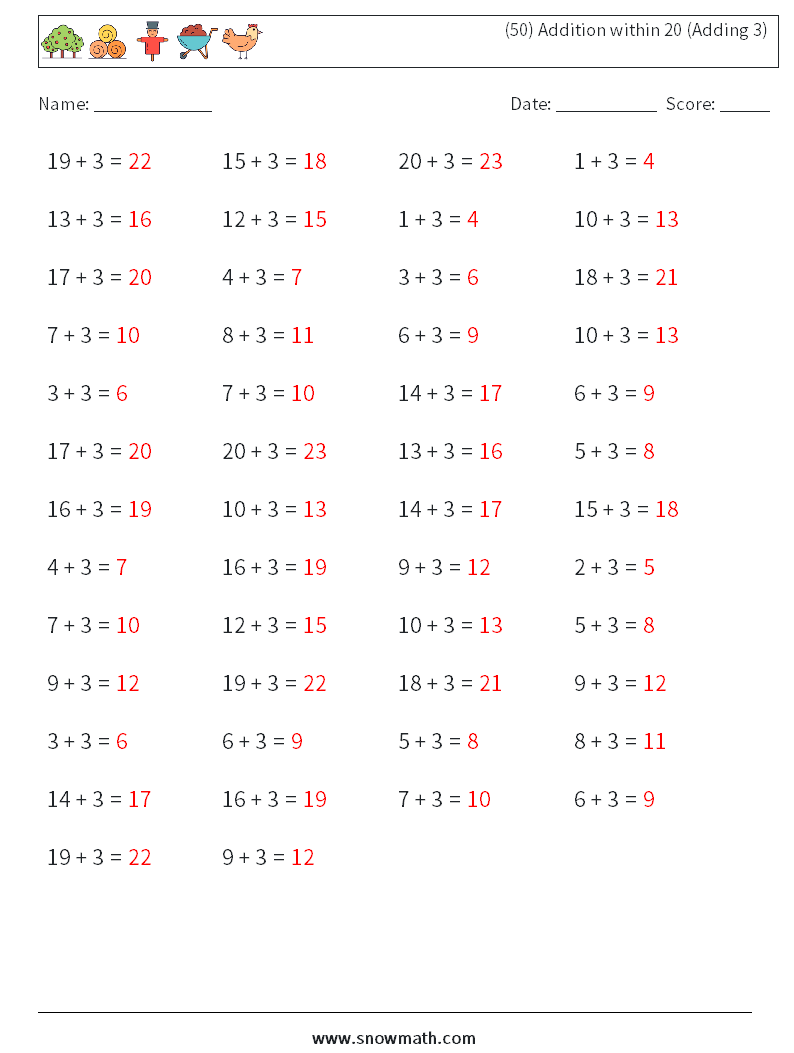 (50) Addition within 20 (Adding 3) Math Worksheets 6 Question, Answer