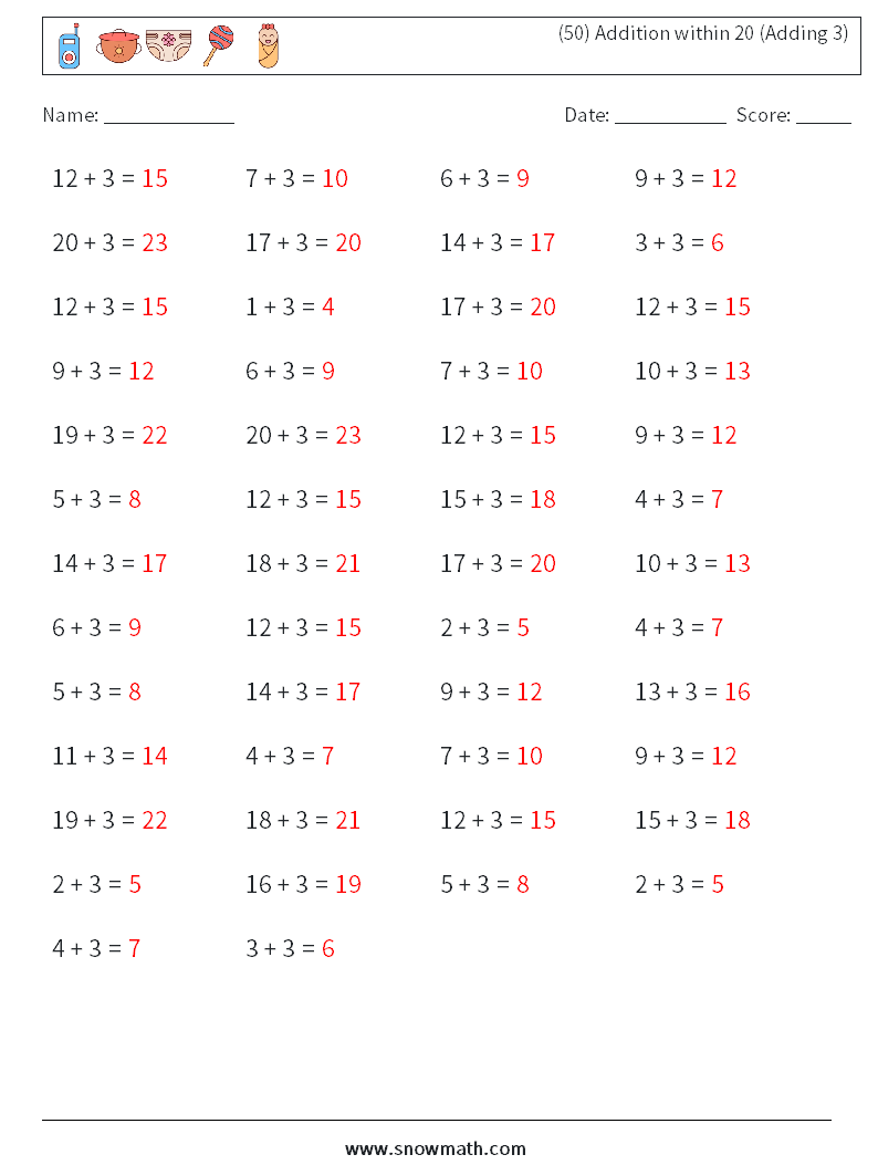 (50) Addition within 20 (Adding 3) Math Worksheets 9 Question, Answer