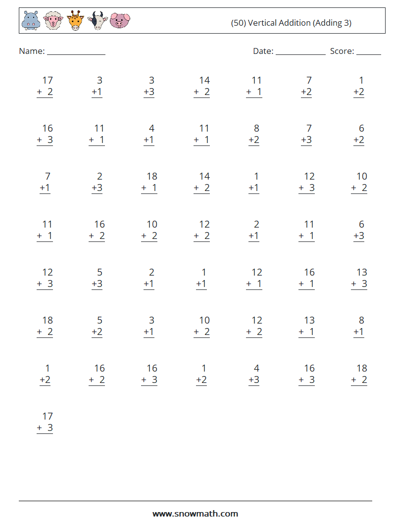 (50) Vertical  Addition (Adding 3)