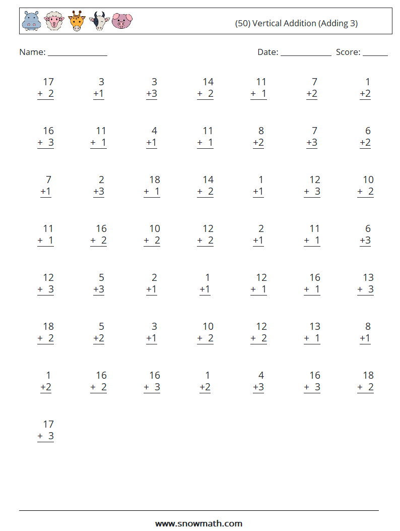 (50) Vertical  Addition (Adding 3) Maths Worksheets 1