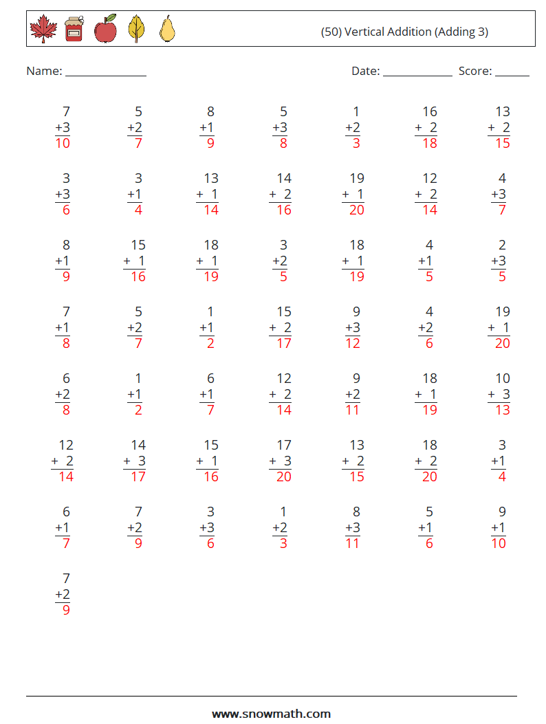 (50) Vertical  Addition (Adding 3) Math Worksheets 10 Question, Answer