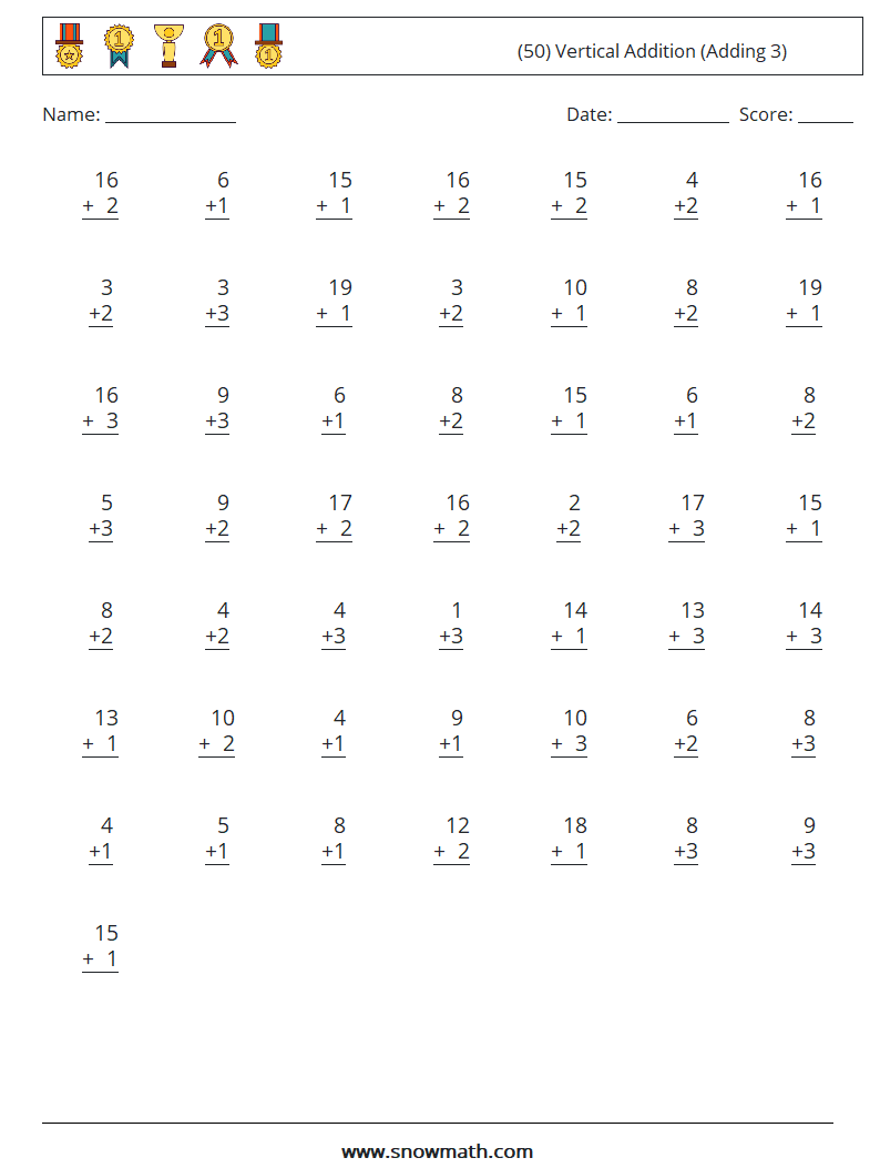 (50) Vertical  Addition (Adding 3) Maths Worksheets 12