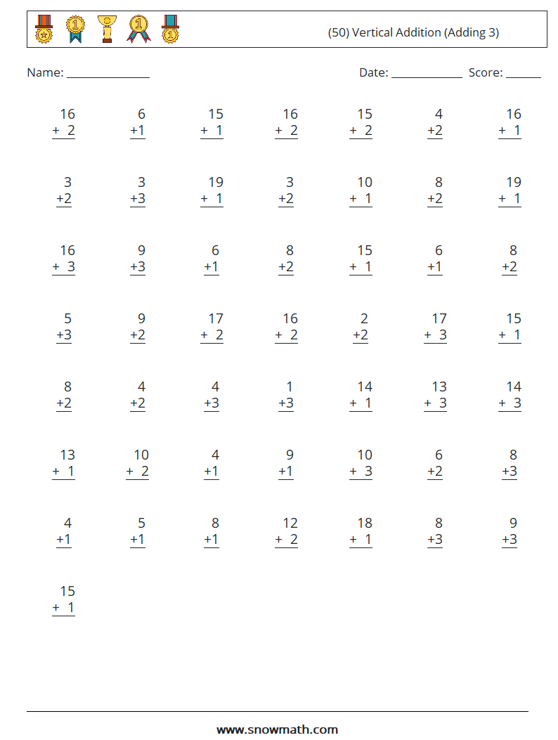 (50) Vertical  Addition (Adding 3) Math Worksheets 12