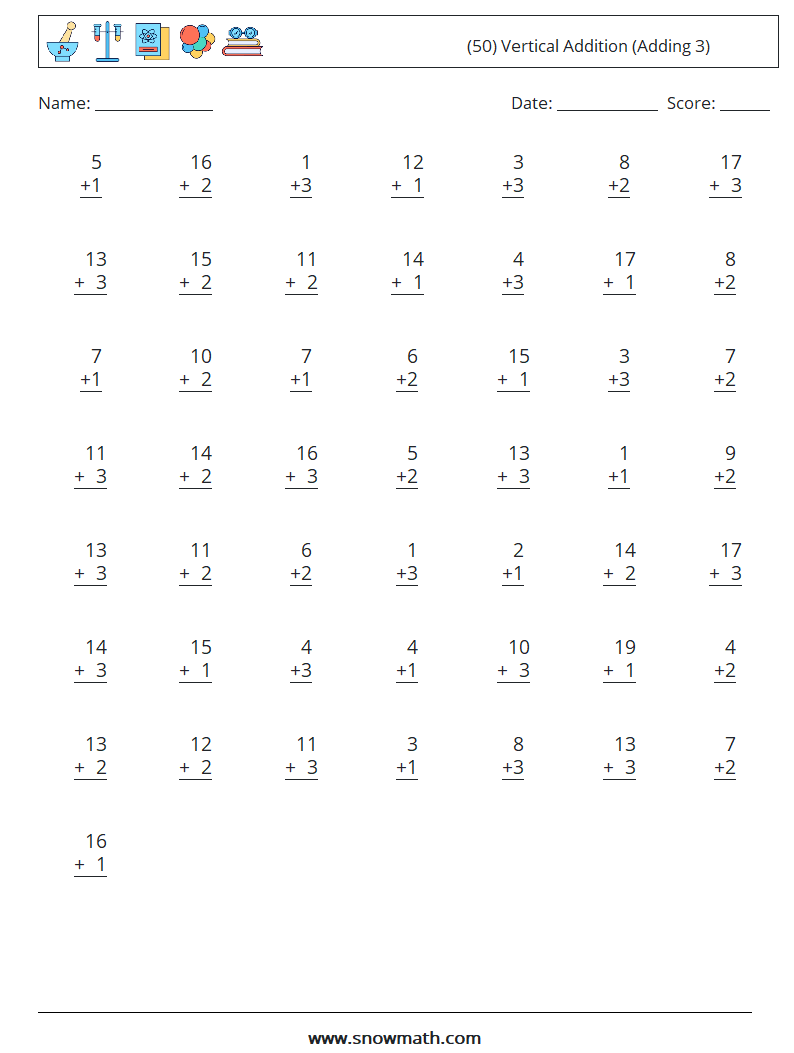 (50) Vertical  Addition (Adding 3) Maths Worksheets 14