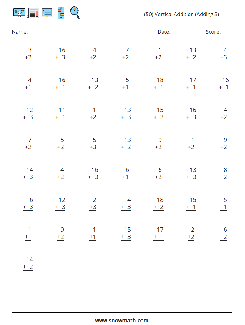 (50) Vertical  Addition (Adding 3) Math Worksheets 15