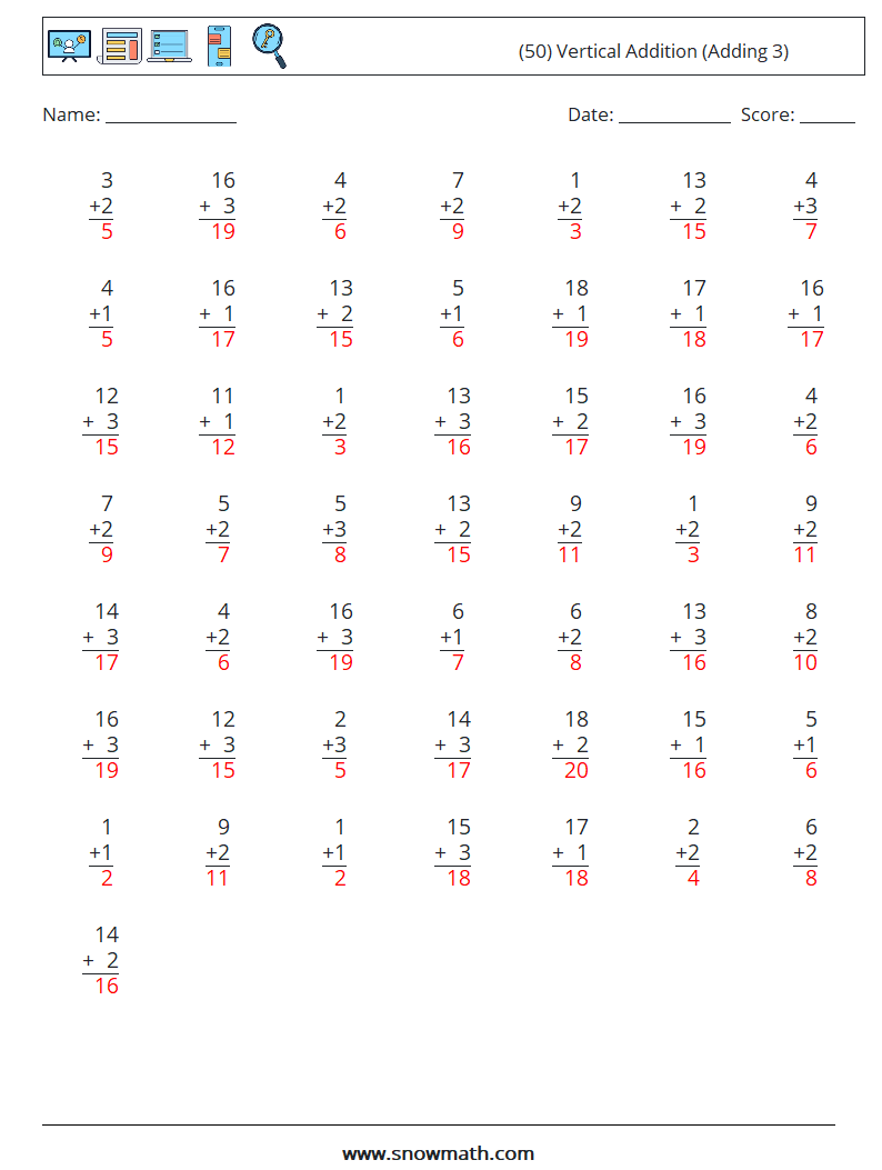 (50) Vertical  Addition (Adding 3) Math Worksheets 15 Question, Answer