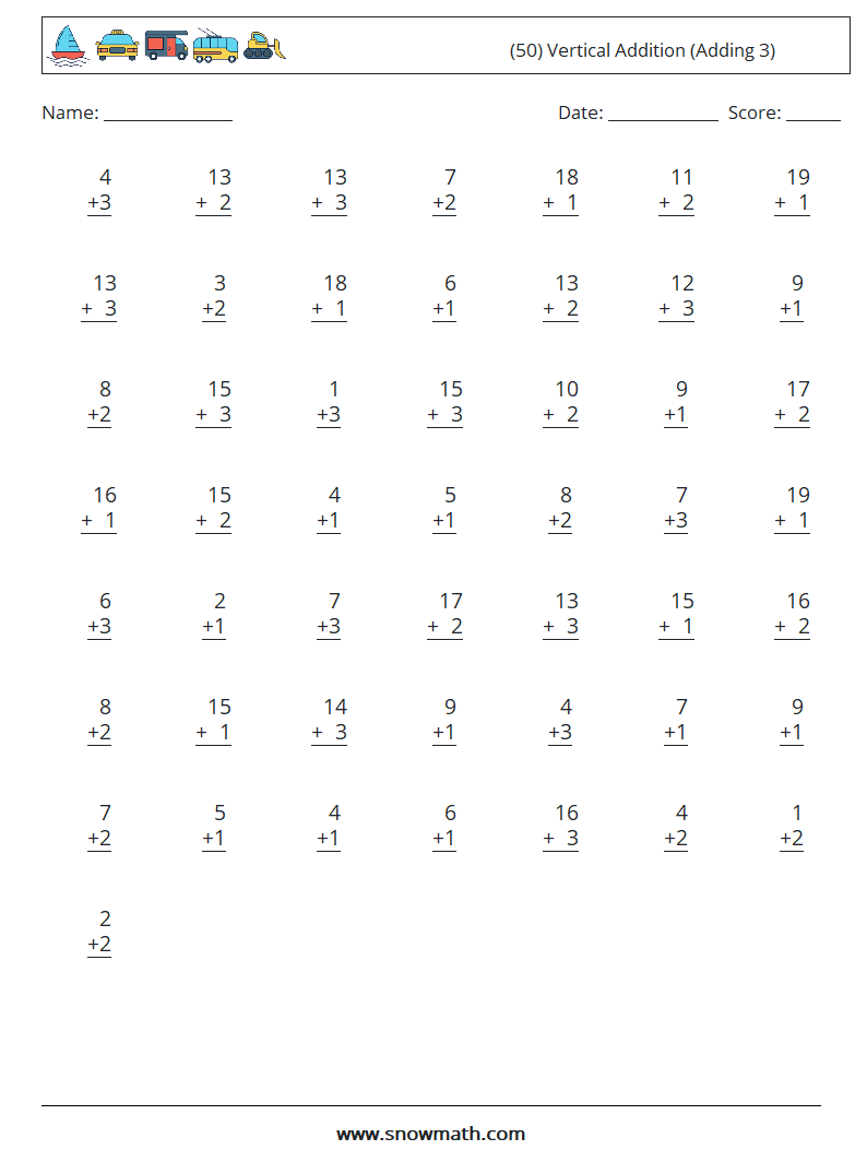 (50) Vertical  Addition (Adding 3) Math Worksheets 16