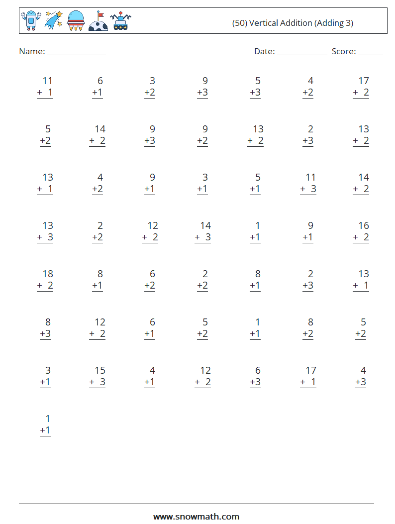 (50) Vertical  Addition (Adding 3) Maths Worksheets 17