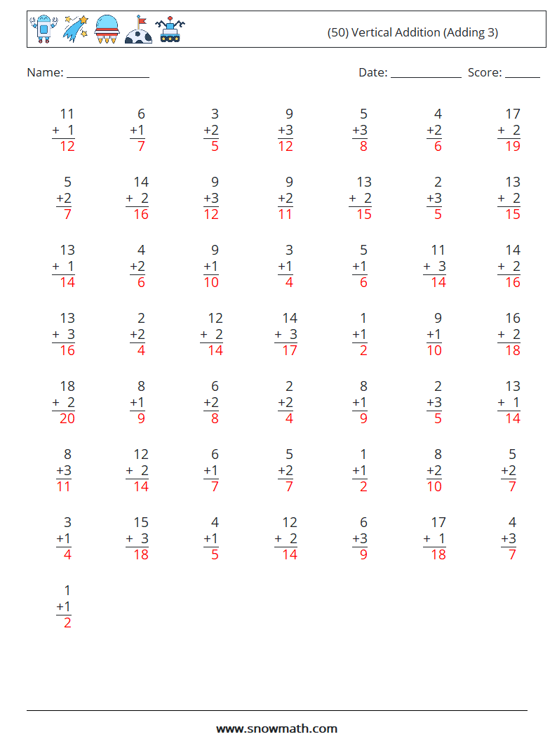 (50) Vertical  Addition (Adding 3) Math Worksheets 17 Question, Answer