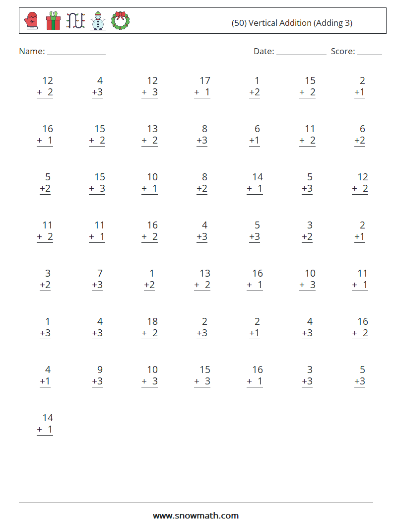 (50) Vertical  Addition (Adding 3) Math Worksheets 18