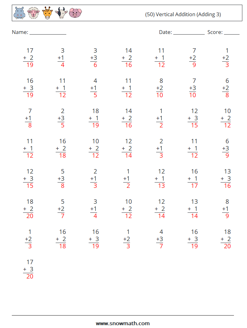 (50) Vertical  Addition (Adding 3) Math Worksheets 1 Question, Answer