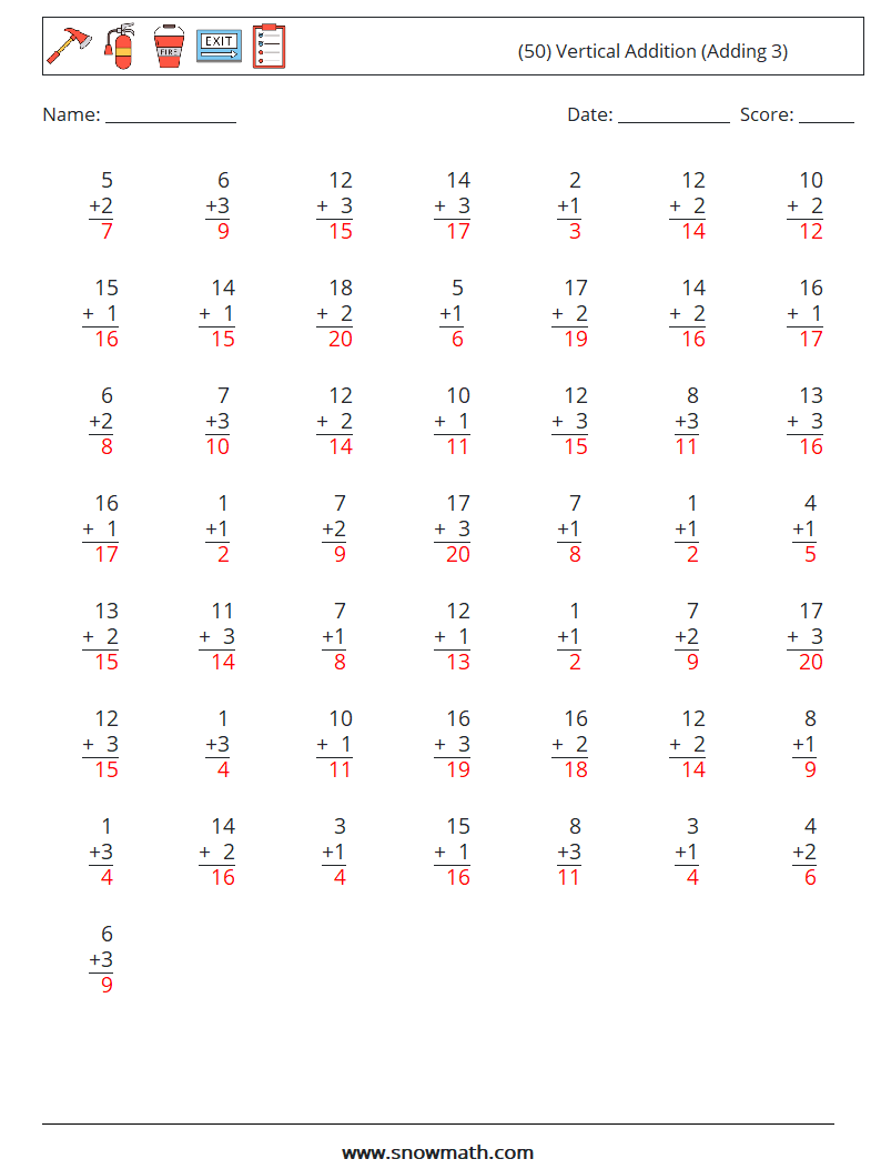 (50) Vertical  Addition (Adding 3) Math Worksheets 2 Question, Answer