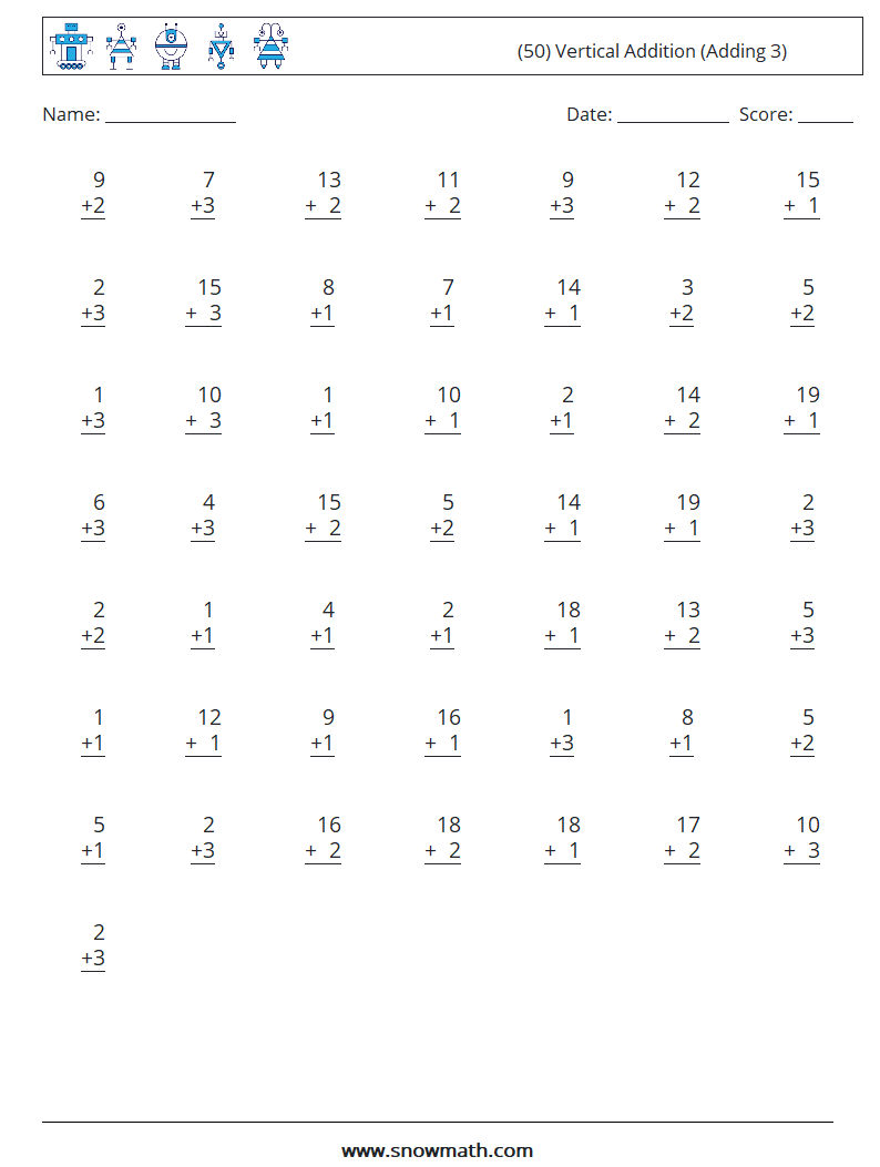 (50) Vertical  Addition (Adding 3) Math Worksheets 3