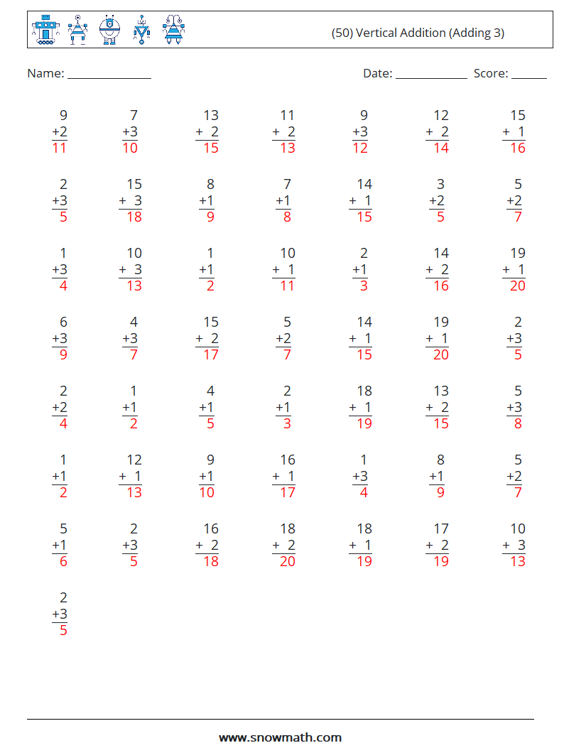 (50) Vertical  Addition (Adding 3) Math Worksheets 3 Question, Answer