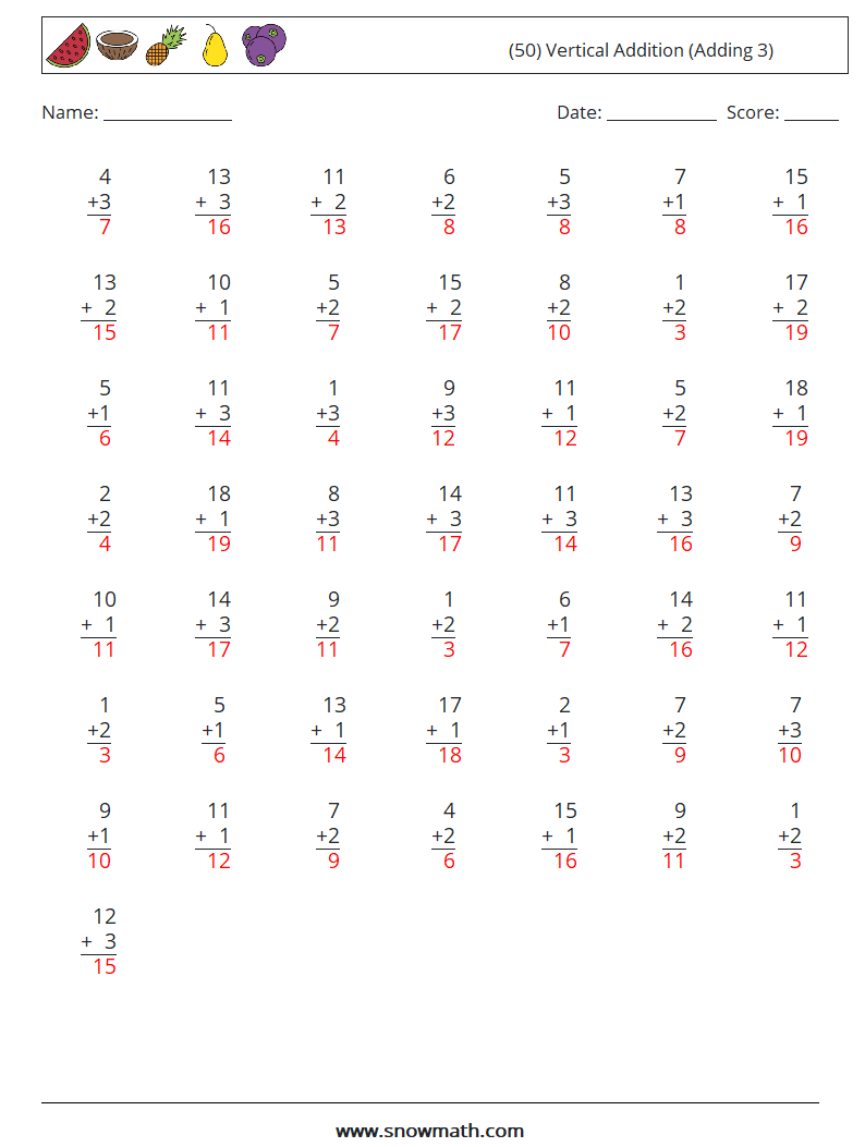 (50) Vertical  Addition (Adding 3) Math Worksheets 4 Question, Answer